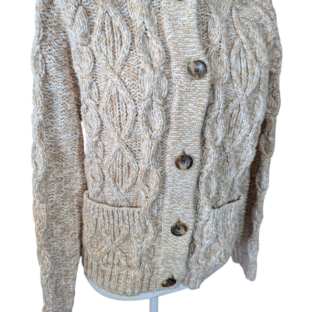 Talbots Tan Neutral Cable Knit Chunky Fisherman Preppy Classic Cardigan Sz M - Picture 2 of 9